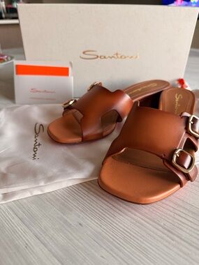 Santoni Tan Leather Slide Mules with Gold Buckles